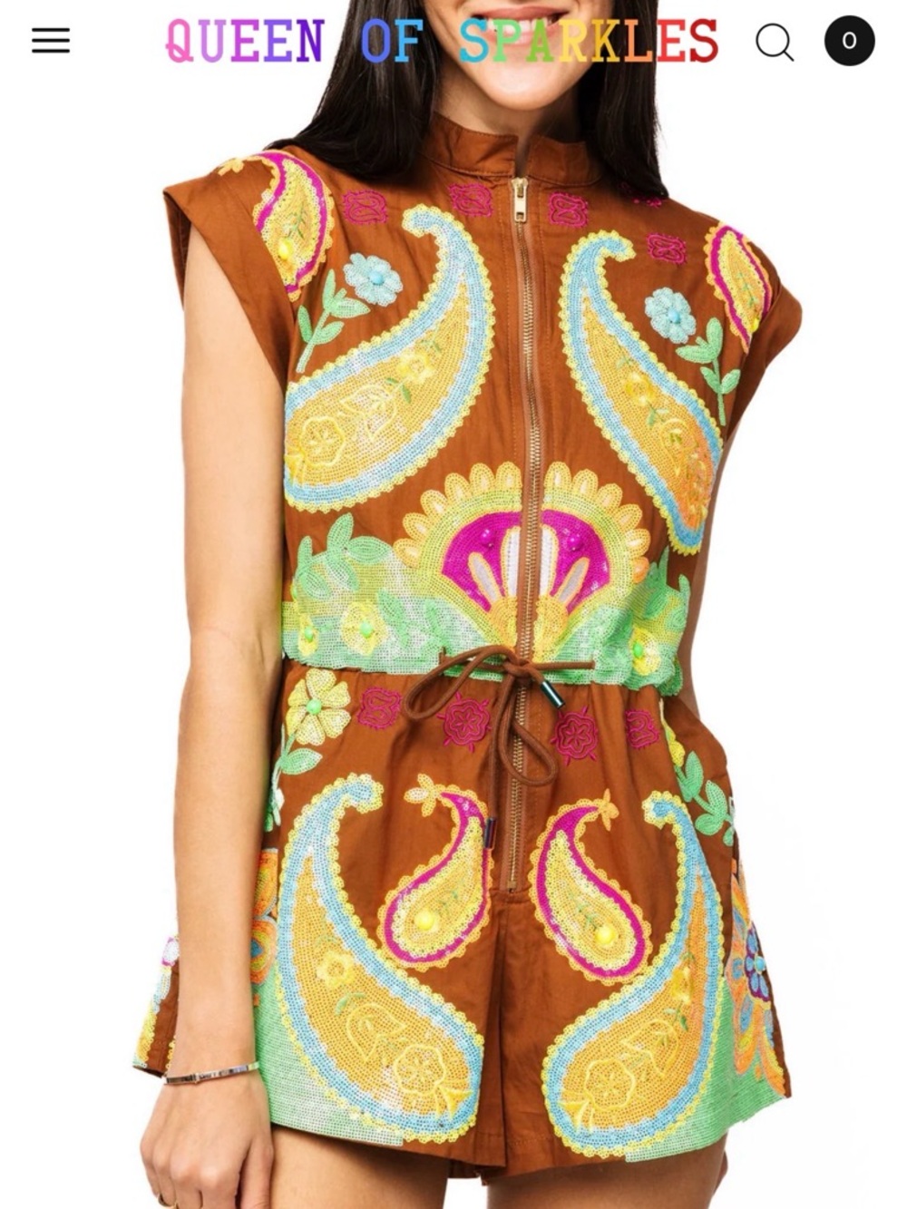 QUEEN OF SPARKLES Sequined Paisley Romper with Multicolor Accents